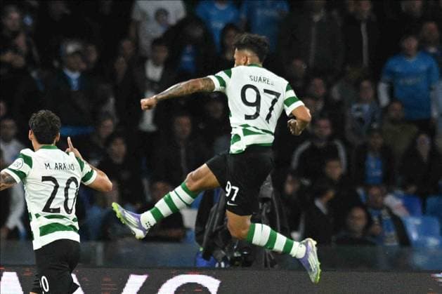 CALCIO - UEFA Champions League - SSC Napoli vs Sporting CP Luis Suarez of Sporting Clube de Portugal celebrates after scoring a goal of 1-1 during the Uefa Champions League between SSC Napoli vs Sporting Clube de Portugal at Stadio Diego Armando Maradona Naples Italy  Copyright: xIPAxSport ABACAx
