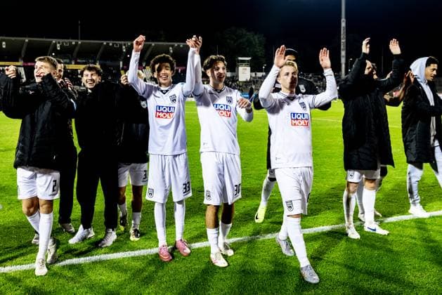 Football, Season 2025 2026, 3 Liga, Donaustadion Ulm, Matchday 9, SSV Ulm 1846 Football 1 FC Schweinfurt 05, 01 10 2025 01 10 2025, Football, Season 2025 2026, 3 Liga, Donaustadion Ulm, Matchday 9, SSV Ulm 1846 Football 1 FC Schweinfurt 05, Emotions joy jubilation after the 5 1 home victory of the Spatzen f l 7 Ensar Aksakal SSV Ulm 1846 Fußball , U19 player 33 Evan Brown SSV Ulm 1846 Fußball , U19 player 30 Felix Vater SSV Ulm 1846 Fußball with the professionals, 8 Ben Westermeier SSV Ulm 1846 Fußball photo Lucca Fundel Ulm Donaustadion Baden Württemberg Germany