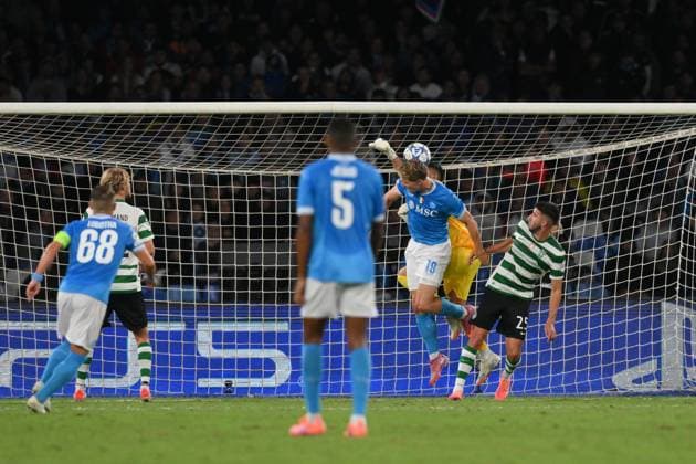 1st October 2025, Stadio Diego Armando Maradona, Naples, Italy; Champions League Football; Napoli versus Sporting Lisbon; Rasmus Hojlund of SSC Napoli wins the header and scores for 2-1 in the 79th minute  AllShotLive