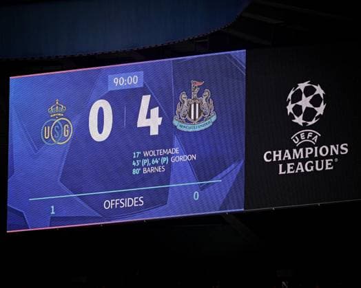 Royale Union Saint-Gilloise v Newcastle United - UEFA Champions League BRUSSELS, BELGIUM - OCTOBER 01 : Illustrative picture showing the final score on the scoreboard during the UEFA Champions League 2025 26 League Phase MD2 match between Royale Union Saint-Gilloise and Newcastle United on October 1, 2025 in Brussels, Belgium, 01 10 2025  Copyright: xTomasxSiskx