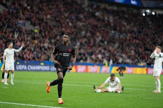 Bayer Leverkusen vs PSV UEFA Champions League Group Stage Djami Kofane of Bayer Leverkusen celebrates after scoring against PSV Eindhoven during the UEFA Champions League group stage in Leverkusen, Germany, October 1, 2025. (Photo by Taisei Iwamoto) Copyright: xTaiseixIwamotox
