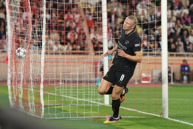 Monaco, Monaco, 1st October 2025. Erling Haaland of Manchester City celebrates after scoring to give the side a 1-0 lead the AS Monaco vs Manchester City UEFA Champions League match at Stade Louis II, Monaco. Picture credit should read: Jonathan Moscrop Sportimage EDITORIAL USE ONLY. No use with unauthorised audio, video, data, fixture lists, club league logos or live services. Online in-match use limited to 120 images, no video emulation. No use in betting, games or single club league player publications. SPI_058_JM_MONACO_MANCITY_UCL_ SPI-4166-0058