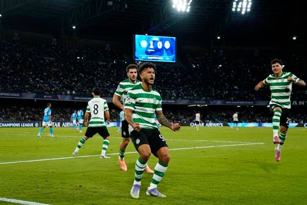 Luis Suarez (Sporting CP) celebrates after scoring his team s first goal, UEFA Champions League 2025 26 League Phase MD2, SSC Napoli v Sporting Clube de Portugal, Diego Armando Maradona Stadium, October 1, 2025, Naples, Italy.