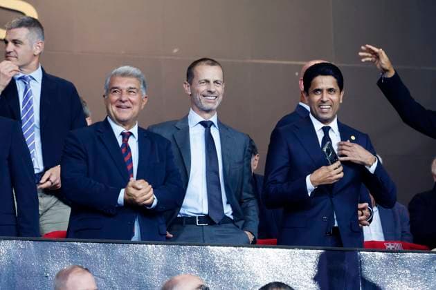 Joan Laporta (Barcelona), Aleksander Ceferin (UEFA), Nasser Al-Khelaifi (PSG), OCTOBER 1, 2025 - Football Soccer : UEFA Champions League match between FC Barcelona, Barca 1-2 Paris Saint-Germain at the Estadi Olimpic Lluis Companys in Barcelona, Spain.  aflo_305530359