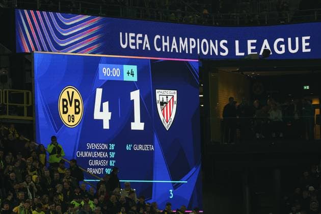UEFA Champions League Borussia Dortmund Athletic Bilbao on 01 10 2025 at Signal Iduna Park in Dortmund Scoreboard Video screen with the official final result MH