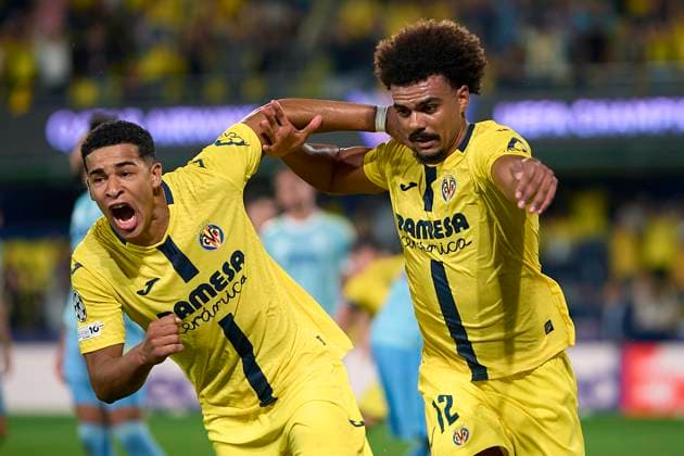 (251002) -- VILLARREAL, Oct. 2, 2025 -- Renato Veiga (R) of Villarreal CF celebrates a goal with teammate Santiago Mourino during the UEFA Champions League group stage 2nd round match between Juventus and Villarreal CF in Villarreal, Spain, Oct. 1, 2025. (Str Xinhua) (SP)SPAIN-VILLARREAL-FOOTBALL-UEFA CHAMPIONS LEAGUE-JUVENTUS VS VILLARREAL CF Stinger 