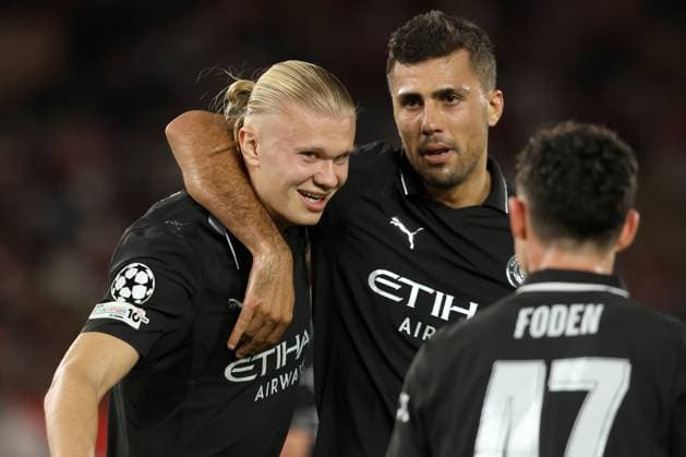 ERLING HAALAND, RODRI RODRIGO HERNANDEZ CASCANTE, Manchester City, Champions League, 2025-26, Monaco vs Manchester City 2-2, 01-10-2025, Esultanza, Celebration, Jubel CHAMPIONS LEAGUE 2025-26 MONACO-MANCHESTER CITY 2-2