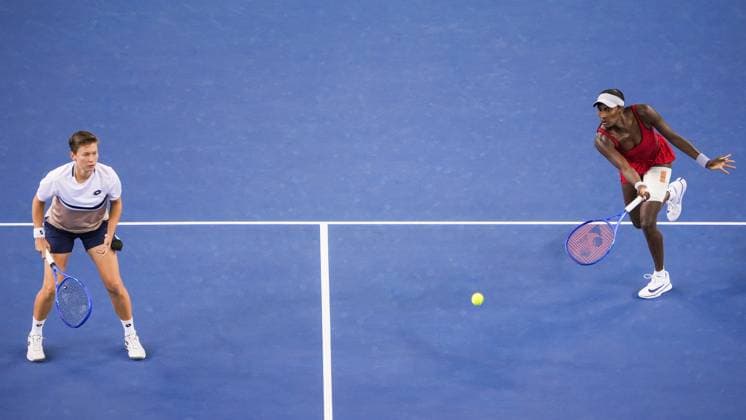 BEIJING, CHINA - OCTOBER 01: Asia Muhammad of the United States and Demi Schuurs of the Netherlands compete in the Women s Doubles Round of 16 match against Priscilla Hon of Australia and Karolina Muchova of the Czech Republic on day 10 of the 2025 China Open at the National Tennis Center on October 1, 2025 in Beijing, China.  Copyright: xVCGx 111594435579