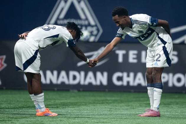 October 1, 2025, Vancouver, Bc, CANADA: Vancouver Whitecaps Ali Ahmed (22), right, celebrates his goal against Vancouver FC with Edier Ocampo (18), left, during the first half of the Canadian Championship final soccer match, in Vancouver, on Wednesday, October 1, 2025. Canada News - October 1, 2025 - ZUMAc35_ 20251001_zaf_c35_174 Copyright: xEthanxCairnsx