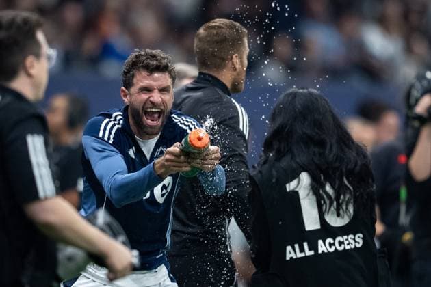 October 1, 2025, Vancouver, Bc, CANADA: Vancouver Whitecaps Thomas Muller sprays a camera person after defeating Vancouver FC in the Canadian Championship final soccer match in Vancouver, on Wednesday, October 1, 2025. Canada News - October 1, 2025  - ZUMAc35_ 20251001_zaf_c35_195 Copyright: xEthanxCairnsx