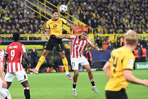 Jobe BELLINGHAM DO vs MAROAN SANNADI, header duel, action, duel, football UEFA Champions League group stage 2 matchday Borussia Dortmund DO Atletic Bilbao 4 1 on 01 10 2025 in Dortmund Germany UEFA regulations prohibit any use of photographs as image sequences and or quasi video Â