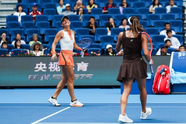 BEIJING, CHINA - OCTOBER 02: Timea Babos of Hungary and Luisa Stefani of Brazil react in the Women s Doubles Quarterfinal match against Miyu Kato of Japan and Fanny Stollar of Hungary on day 11 of the 2025 China Open at the National Tennis Center on October 2, 2025 in Beijing, China.  Copyright: xVCGx 111594593267