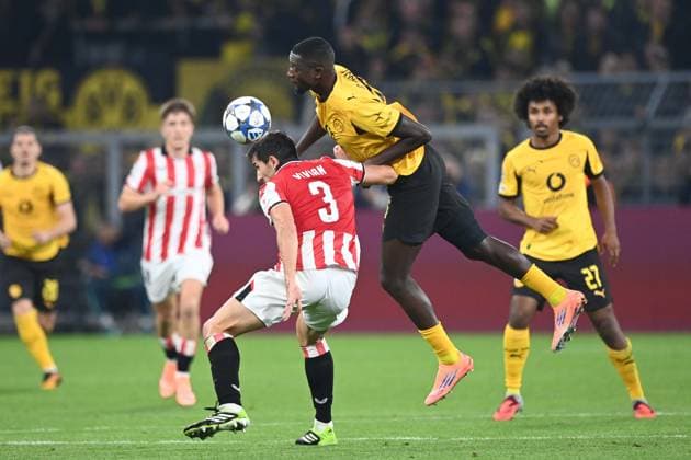Serhou GUIRASSY DO vs Daniel VIVIAN header duel, action, duel, football UEFA Champions League group stage 2 matchday Borussia Dortmund DO Athletic Bilbao 4 1 on 01 10 2025 in Dortmund Germany UEFA regulations prohibit any use of photographs as image sequences and or quasi video Â