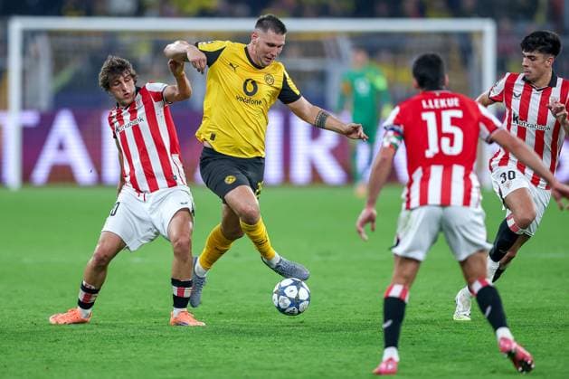 01 10 2025, Football, UEFA Champions League, Borussia Dortmund Athletic Club Bilbao, BVB Stadion, 2 Matchday, Season 2025 2026 Unai Gomez Bilbao 20 in duel against Niklas Süle BVB 25 Regulations prohibit any use of photographs as image sequences and or quasi video Nordrhein Westfalen Germany