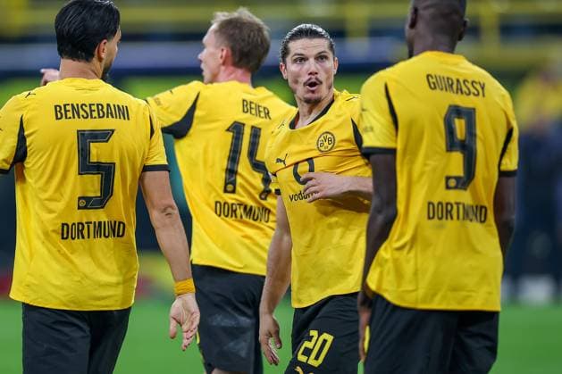 01 10 2025, Football, UEFA Champions League, Borussia Dortmund Athletic Club Bilbao, BVB Stadion, Matchday 2, Season 2025 2026 Goal celebration after the goal to 3 1 by scorer Serhou Guirassy BVB 09 and Marcel Sabitzer BVB 20 together with Regulations prohibit any use of photographs as image sequences and or quasi video Nordrhein Westfalen Germany