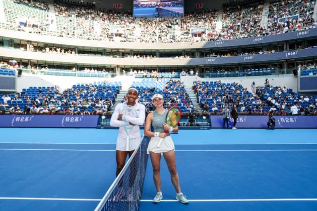 BEIJING, CHINA - OCTOBER 02: Eva Lys of Germany, Coco Gauff of the United States, in action in the Women s Singles Quarterfinal match on day 11 of the 2025 China Open at the National Tennis Center on October 2, 2025 in Beijing, China.  Copyright: xVCGx 111594605423