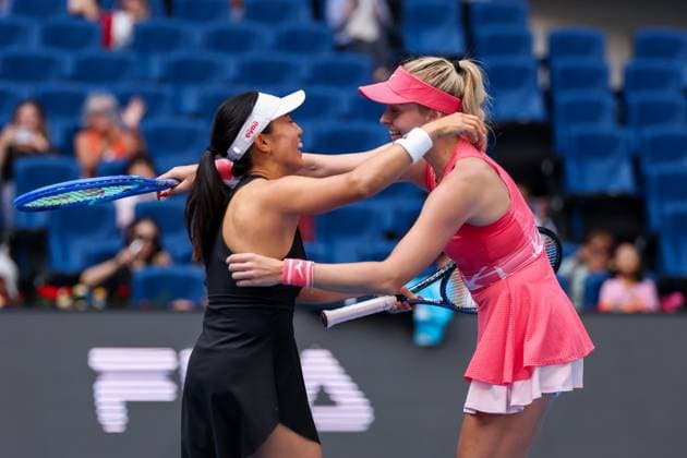 BEIJING, CHINA - OCTOBER 02: Miyu Kato of Japan and Fanny Stollar of Hungary react in the Women s Doubles Quarterfinal match against Timea Babos of Hungary and Luisa Stefani of Brazil on day 11 of the 2025 China Open at the National Tennis Center on October 2, 2025 in Beijing, China.  Copyright: xVCGx 111594602967