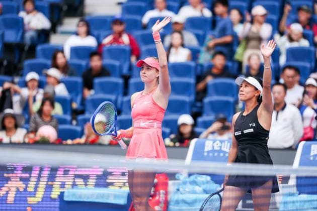 BEIJING, CHINA - OCTOBER 02: Miyu Kato of Japan and Fanny Stollar of Hungary compete in the Women s Doubles Quarterfinal match against Timea Babos of Hungary and Luisa Stefani of Brazil on day 11 of the 2025 China Open at the National Tennis Center on October 2, 2025 in Beijing, China.  Copyright: xVCGx 111594603463