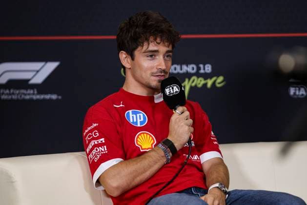 F1 - SINGAPORE GRAND PRIX 2025 LECLERC Charles (mco), Scuderia Ferrari SF-25, portrait press conference, PK, Pressekonferenz during the 2025 Formula 1 Singapore Grand Prix, 18th round of the 2025 FIA Formula One World Championship, WM, Weltmeisterschaft from October 3 to 5, 2025 on the Marina Bay Street Circuit, in Singapore - SingaporeSingapore  Copyright: xXavixBonillax