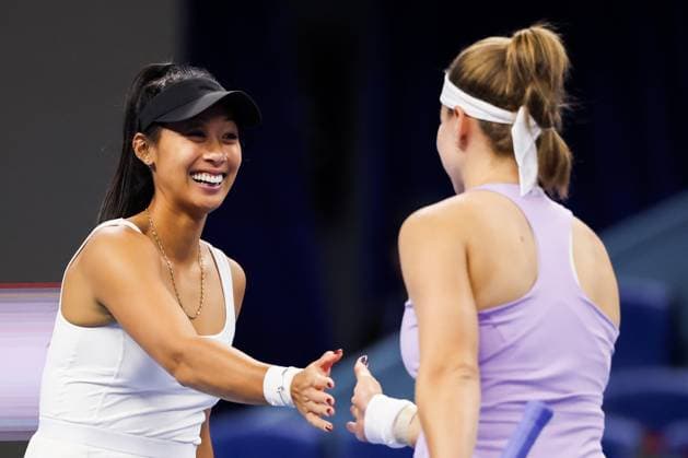 BEIJING, CHINA - OCTOBER 02: Priscilla Hon of Australia and Karolina Muchova of the Czech Republic react in the Women s Doubles Quarterfinal match against Danilina Anna of Kazakhstan and Krunic Aleksandra of Serbia on day 11 of the 2025 China Open at the National Tennis Center on October 2, 2025 in Beijing, China.  Copyright: xVCGx 111594660323