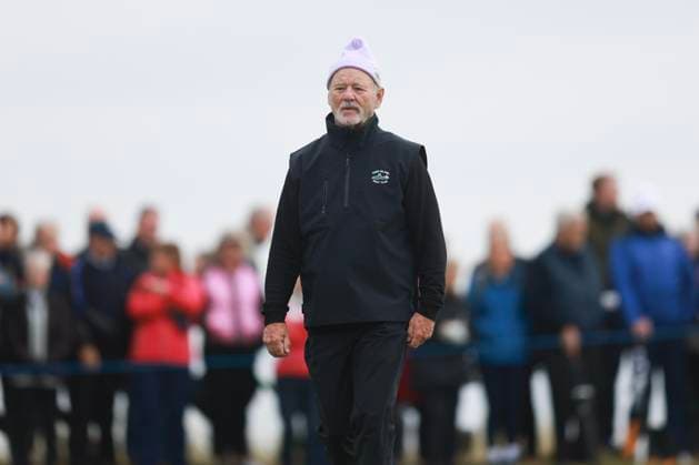 2nd October 2025; The Carnoustie Golf Links, Carnoustie, Angus, Scotland; Alfred Dunhill Links Golf Championship, Round One; Actor Bill Murray walks down the first hole of Carnoustie Championship golf course during the first round of the Alfred Dunhill Links Championship  DavidxYoung