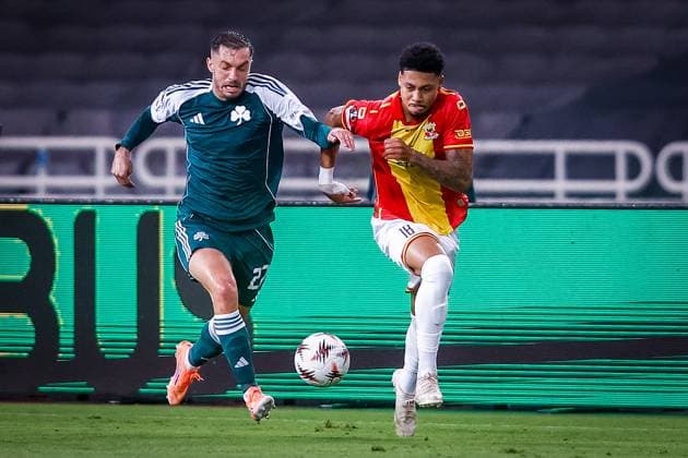 ATHENS , 02-10-2025 , Olympic Athletic Center of Athens Spyros Louis , season 2025 2026 , UEFA Europa League League phase . match between Panathinaikos and Go Ahead Eagles, Picture shows Panathinaikos player Ioannis Kotsiras and GA Eagles player Richonell Margaret Panathinaikos - Go Ahead Eagles  x31323025x Copyright:
