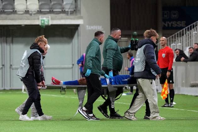 Veton Tusha of Drita is carried on a stretcher after injury during football UEFA Conference League match KuPS vs Drita Kosovo in Tampere, Finland on October 2, 2025. Tampere Finland LKFTVX20251002201529YDOT  Copyright: xMikaxKylmäniemix LKFTVX20251002201529YDOT