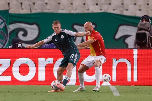 ATHENS , 02-10-2025 , Olympic Athletic Center of Athens Spyros Louis , season 2025 2026 , UEFA Europa League League phase . match between Panathinaikos and Go Ahead Eagles, Picture shows Panathinaikos player Karol Swiderski and GA Eagles player Gerrit Nauber Panathinaikos - Go Ahead Eagles  x31323465x Copyright: