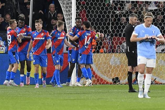 Plzen players celebrate first goal during the UEFA Europa League, 2nd round match: FC Viktoria Plzen vs Malmo FF, in Pilsen, Czech Republic, on October 2, 2025. (CTKxPhoto MiroslavxChaloupka) CTKPhotoP2025100207346  CTKPhotoP2025100207346