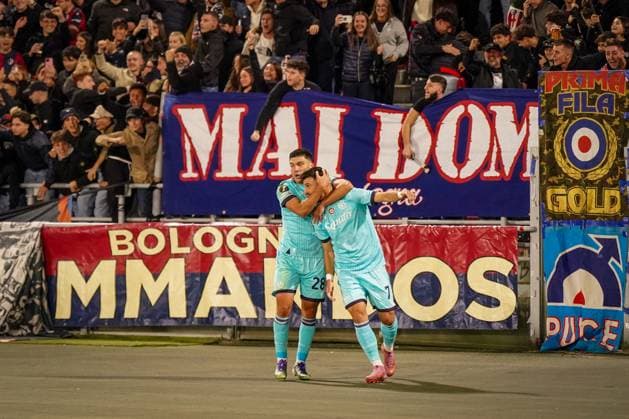 Football UEFA Europa League 2025 26, Matchday 2 FC Bologna vs SC Freiburg Renato Dall Ara Bologna, Italy Goal and goal celebration for 1-0 by Riccardo Orsolini Bologna, 7 Joy, emotions, jubilation Bologna Metropolitan City of Bologna Italy Copyright: xJOERANxSTEINSIEKx