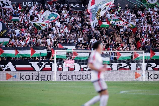 UEFA conference league - Rayo Vallecano vs KF Shkendija MADRID, SPAIN - October2: Rayo Vallecano fans show Palestinian flags during the UEFA conference league 2025 26 match between Rayo Vallecano and KF Shkendija at Vallecas Stadium in Madrid. (Photo by Guillermo Martinez) Madrid Vallecas Stadium Spain Copyright: xGuillermoxMartinezx