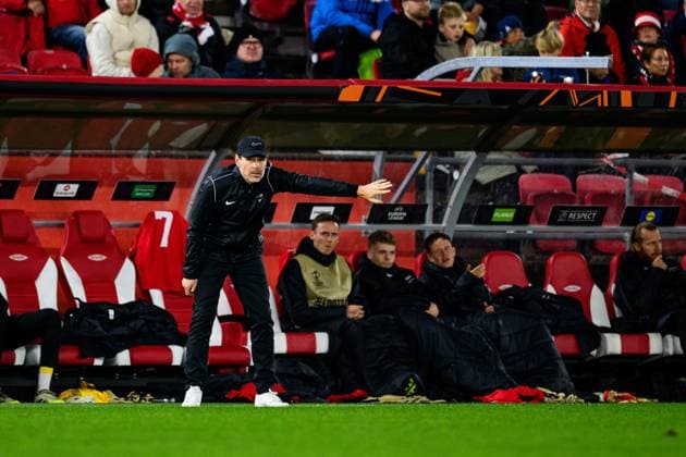 251002 Coach Freyr Alexandersson of Brann during the UEFA Europa League football match between Brann and Utrecht on October 2, 2025 in Bergen Photo Vegard Grott BILDBYRAN kod VG VG0816 bbeng fotboll football soccer fotball uefa europa league europa league skb brann utrecht  Copyright: VEGARDxGRoTT BB251002VG025
