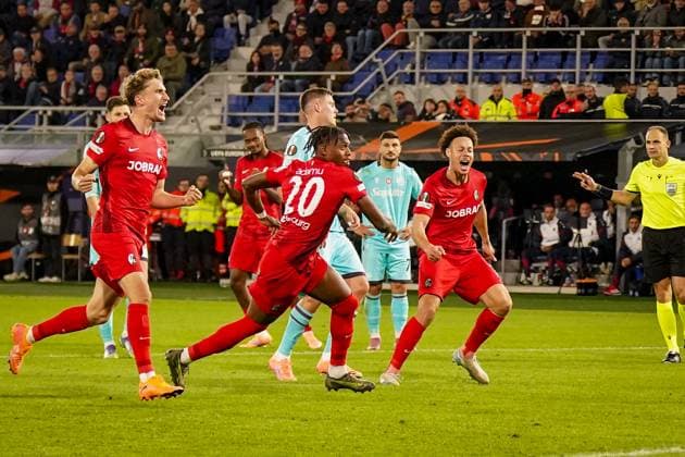 Football UEFA Europa League 2025 26, Matchday 2 FC Bologna vs SC Freiburg Renato Dall Ara Bologna, Italy Goal and goal celebration for 1 1 by Junior Adamu SC Freiburg, 20 from penalty kick Joy, emotions, jubilation Bologna Metropolitan city of Bologna Italy Copyright: xJOERANxSTEINSIEKx