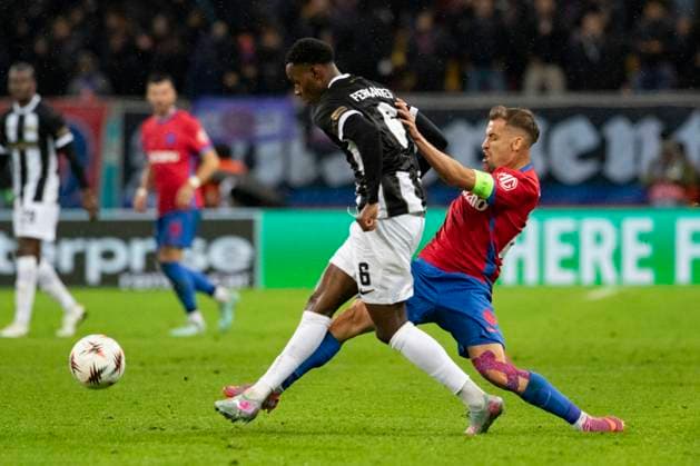 October 2, 2025, UEFA EUROPA LEAGUE, League phase, Matchday 2, FCSB vs Young Boys, Bucharest, National Arena Stadium 6 Edimilson Fernandes puts in a tackle on 27 Darius Olaru