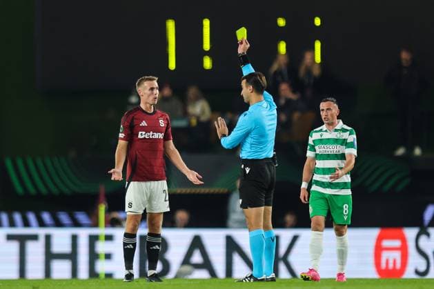 UEFA Europa Conference League Group Phase, Stadion Letna, Prague, Czech Republic 2 10 2025 Sparta Praha vs Shamrock Rovers Sparta Praha™s Sivert Mannsverk receives a yellow card Sivert Mannsverk receives a yellow card 2 10 2025  Copyright: x INPHO RyanxByrnex RB1_4235