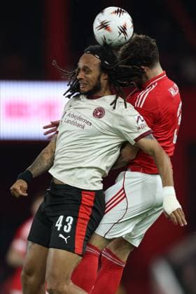 Nottingham Forest FC v FC Midtjylland - UEFA Europa League 2025 26 League Phase MD2 Kevin Mbabu of FC Midtjylland and Neco Williams of Nottingham Forest challenge during the UEFA Europa League 2025 26 League Phase MD2 match between Nottingham Forest FC and FC Midtjylland at City Ground on October 2, 2025 in Nottingham, England. Nottingham City Ground England United Kingdom Copyright: xEdxSykes Sportsphoto APLx 14136724
