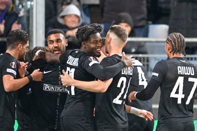 SOCCER - UEFA EL, Sturm vs Glasgow GRAZ,AUSTRIA,02.OCT.25 - SOCCER - UEFA Europa League, SK Sturm Graz vs Glasgow Rangers FC. Image shows the rejoicing of Sturm.  GEPAxpictures xAvnixRetkoceri