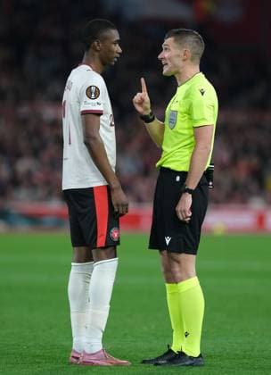 Denil Castillo of FC Midtjylland and Willy Delajod seen in action during the UEFA Europa league football match between Nottingham Forest and FC Midtjylland at City Ground in Nottingham. Copyright: xPaulxBonser SportsxPressxPhotox Sportspressphoto_SPR36593