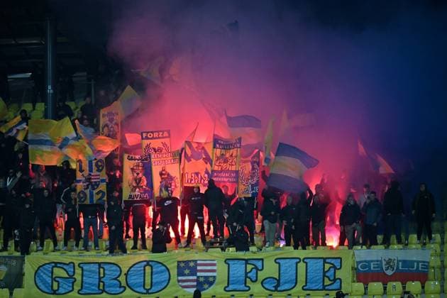 Celje, Slovenia, October 02nd 2025, Celje supporters in action during the UEFA Conference League, League phase Matchday 1, between Celje (Slovenia) and AEK Athens (Greece) at Stadion Celje, Celje, Slovenia. (Photo by Igor Kupljenik Sports Press Photo) Copyright: xIgorxKupljenikx xSPPx Sportspressphoto_SPR36594