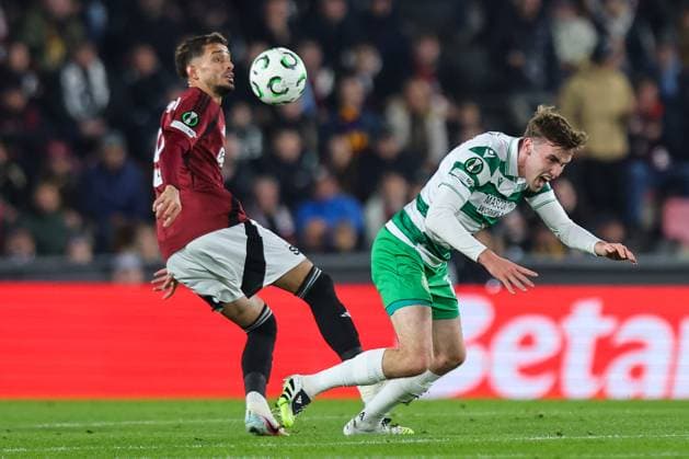 UEFA Europa Conference League Group Phase, Stadion Letna, Prague, Czech Republic 2 10 2025 Sparta Praha vs Shamrock Rovers Sparta™s Albion Rrahmani and Rovers Matt Healy Albion Rrahmani and Matt Healy 2 10 2025  Copyright: x INPHO RyanxByrnex RB1_4463