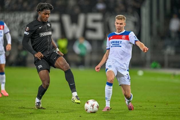 SOCCER - UEFA EL, Sturm vs Glasgow GRAZ,AUSTRIA,02.OCT.25 - SOCCER - UEFA Europa League, SK Sturm Graz vs Glasgow Rangers FC. Image shows Tochi Chukwuani (Sturm) and Oliver Antman (Rangers).  GEPAxpictures xAvnixRetkoceri