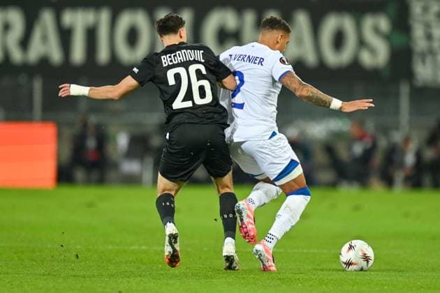 SOCCER - UEFA EL, Sturm vs Glasgow GRAZ,AUSTRIA,02.OCT.25 - SOCCER - UEFA Europa League, SK Sturm Graz vs Glasgow Rangers FC. Image shows Belmin Beganovic (Sturm) and James Tavernier (Rangers).  GEPAxpictures xAvnixRetkoceri