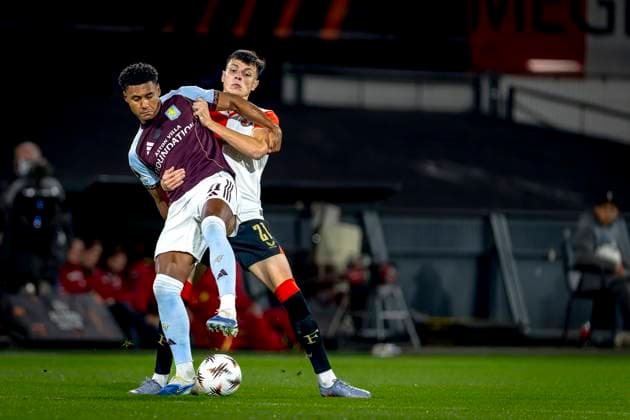 Aston Villa FC forwarder Ollie Watkins, SC Feyenoord Rotterdam defender Anel Ahmedhodzic during the match SC Feyenoord Rotterdam vs Aston Villa FC at the Stadium De Kuip for the Europa League - League phase - Matchday 2 season 2025-2026 in ROTTERDAM, Netherlands on 2 oktober 2025, (photo by Marcel van Dorst EYE4images DeFodi Images) Aston Villa FC forwarder Ollie Watkins, SC Feyenoord Rotterdam defender Anel Ahmedhodzic during the match SC Feyenoord Rotterdam vs Aston Villa FC at the Stadium De Kuip for the Europa League League League phase Matchday 2 season 2025 2026 in ROTTERDAM, Netherlands on 2 oktober 2025, photo by Marcel van Dorst EYE4images DeFodi Images
