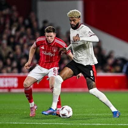 2nd October 2025; The City Ground, Nottingham, England; UEFA Europa League Football, Nottingham Forest versus Midtjylland; Philip Billing of FC Midtjylland looks to beat Elliot Anderson of Nottingham Forest  GodfreyxPitt