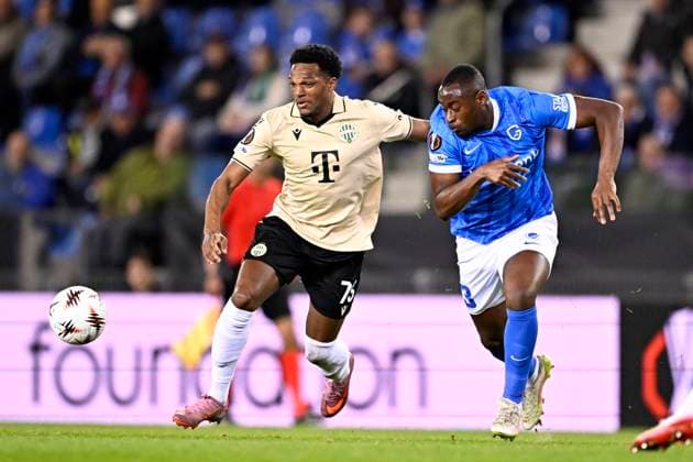KRC Genk v Ferencvaros - UEFA Europa League GENK, BELGIUM - OCTOBER 02 : Joseph Lenny forward of Ferencvaros and Sadick Mujaid defender of KRC Genk during the UEFA Europa League 2025 26 League Phase MD2 match between KRC Genk and Ferencvaros on October 2, 2025 in Genk, Belgium, 02 10 2025 Genk Belgium  Copyright: xTomasxSiskx