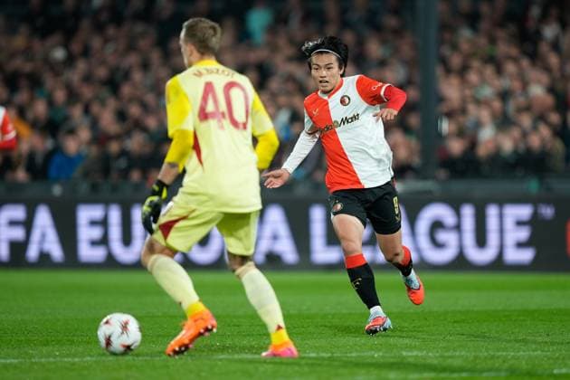 ROTTERDAM, 02-10-2025, Stadium de Kuip , season 2025 2026 , Europa League football . Match between Feyenoord and Aston Villa , Picture shows Feyenoord player Ayase Ueda Feyenoord - Aston Villa  x31325207x Copyright: