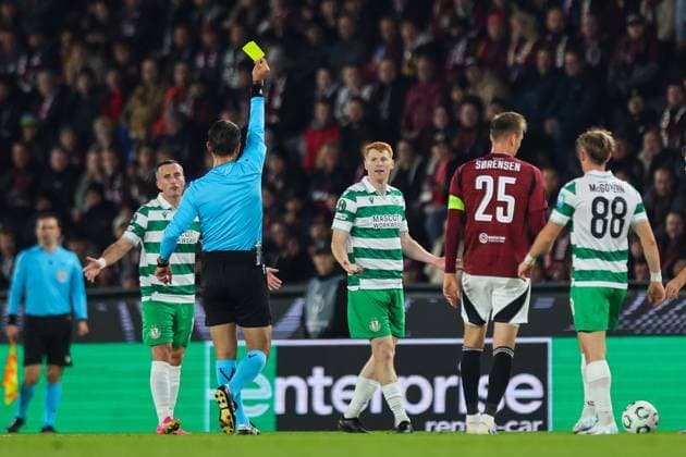 UEFA Europa Conference League Group Phase, Stadion Letna, Prague, Czech Republic 2 10 2025 Sparta Praha vs Shamrock Rovers Rovers Rory Gaffney receives a yellow card Rory Gaffney receives a yellow card 2 10 2025  Copyright: x INPHO RyanxByrnex RB1_4578