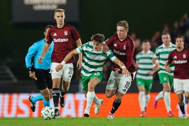 UEFA Europa Conference League Group Phase, Stadion Letna, Prague, Czech Republic 2 10 2025 Sparta Praha vs Shamrock Rovers Rovers John McGovern and Sparta™s Adam Å evinskÃ½ John McGovern and Adam Å evinskÃ½ 2 10 2025  Copyright: x INPHO RyanxByrnex RB1_4680