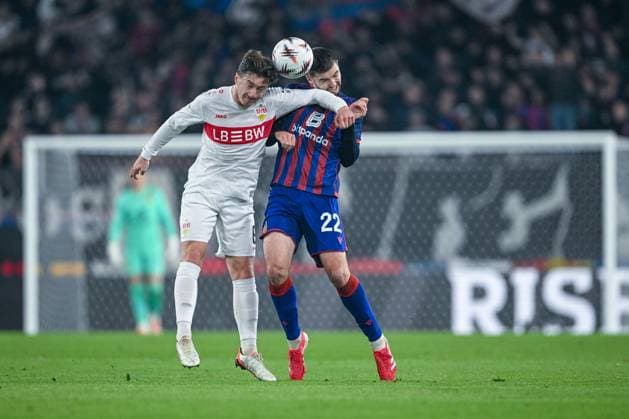 UEFA Europa League FC Basel vs VfB Stuttgart on 02 10 2025 at St Jakob Park imm Basel Angelo Stiller Stuttgart in a duel against Leo Leroy FC Basel MT