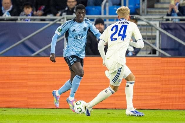 SLOVAN BRATISLAVA - STRASBOURG Alasana Yirajang of Slovan and Lucas Hogsberg of Strasbourg during league phase of UEFA Conference league football match between SK Slovan Bratislava and RC Strasbourg Alsace. Bratislava, Slovakia, October 02, 2025. Copyright: xx 080A0926